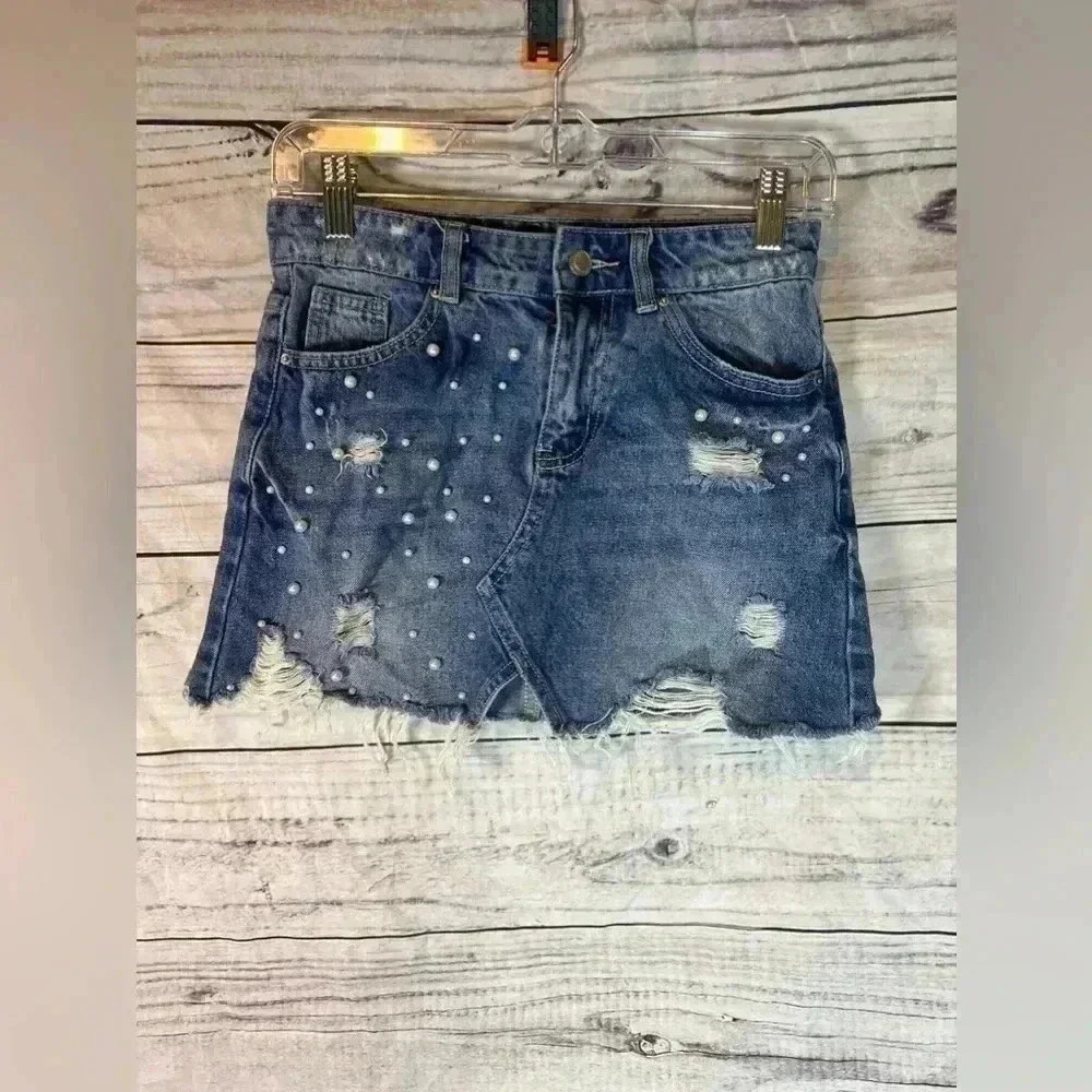 Angel kiss distressed pearl stuffed denim mini skirt